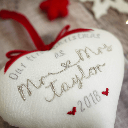 Personalised 1st Christmas Married Gift - Embroidered Heart with Scalloped Edge Decoration