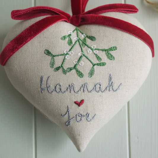 Mistletoe Hanging Heart Embroidered with Couple’s Names