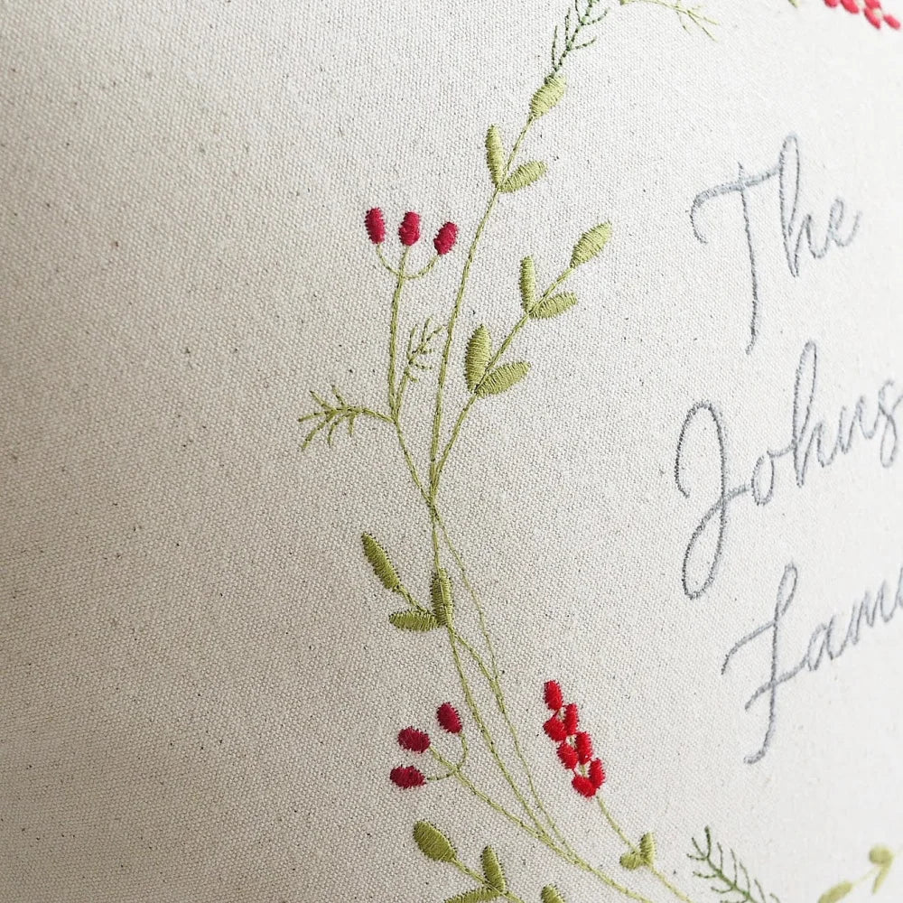 Personalised Family Christmas Embroidered Cushion with Festive Wreath