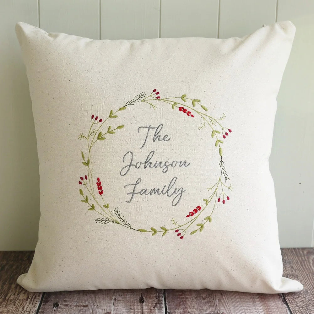 Personalised Family Christmas Embroidered Cushion with Festive Wreath