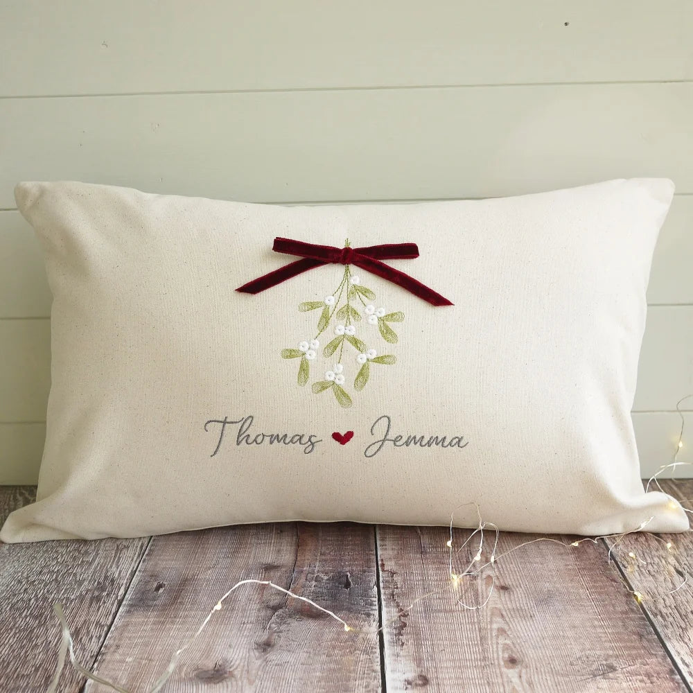 Personalised Embroidered Christmas Cushion in Cream Cotton for Couples