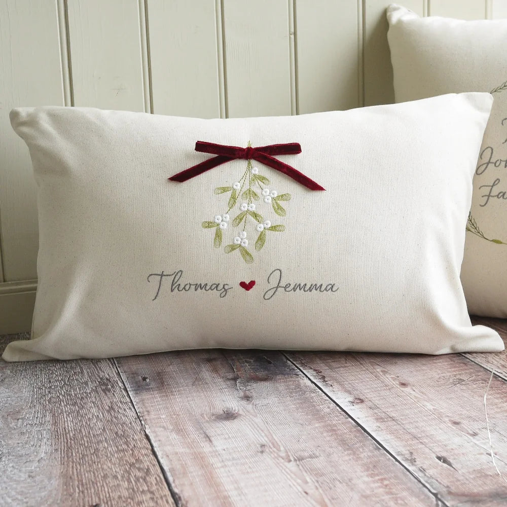 Personalised Embroidered Christmas Cushion in Cream Cotton for Couples