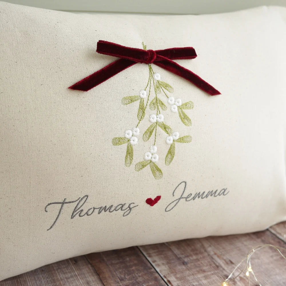 Personalised Embroidered Christmas Cushion in Cream Cotton for Couples