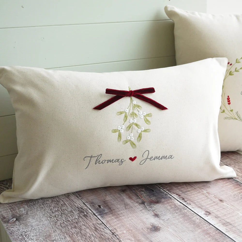 Personalised Embroidered Christmas Cushion in Cream Cotton for Couples