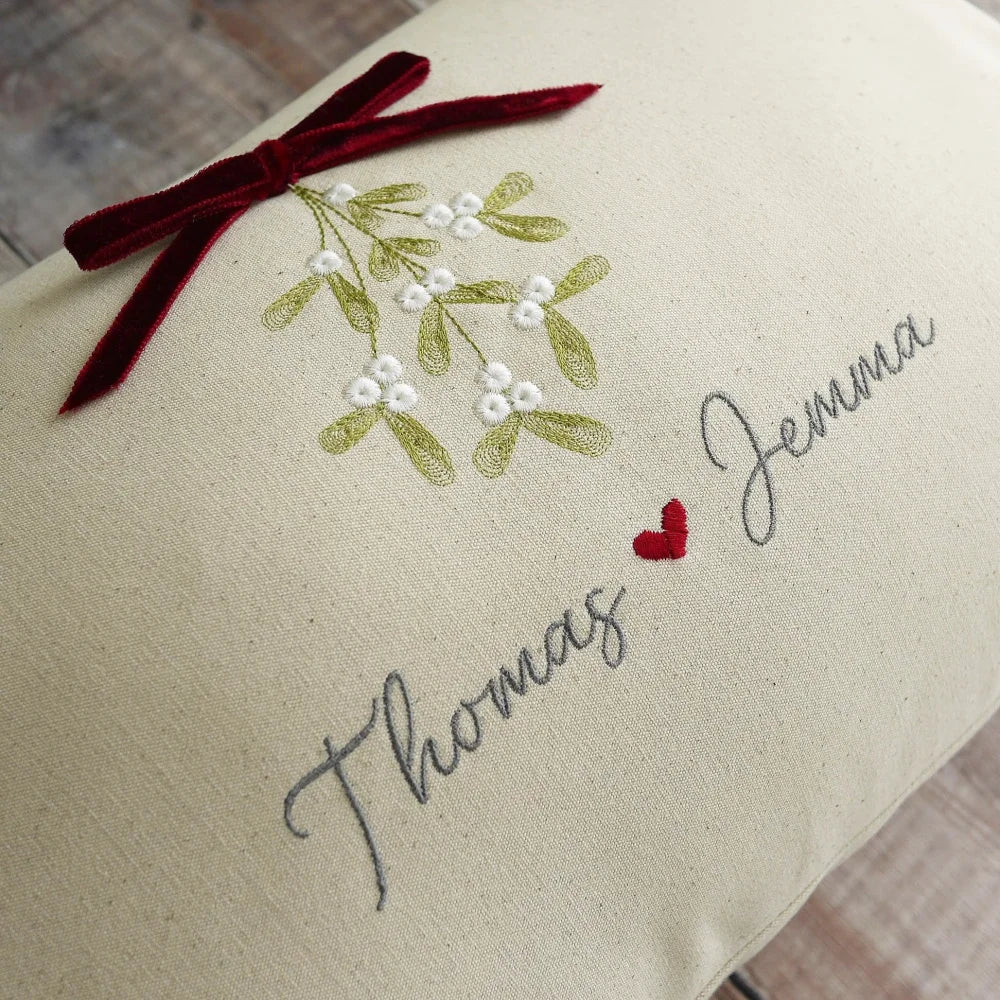 Personalised Embroidered Christmas Cushion in Cream Cotton for Couples