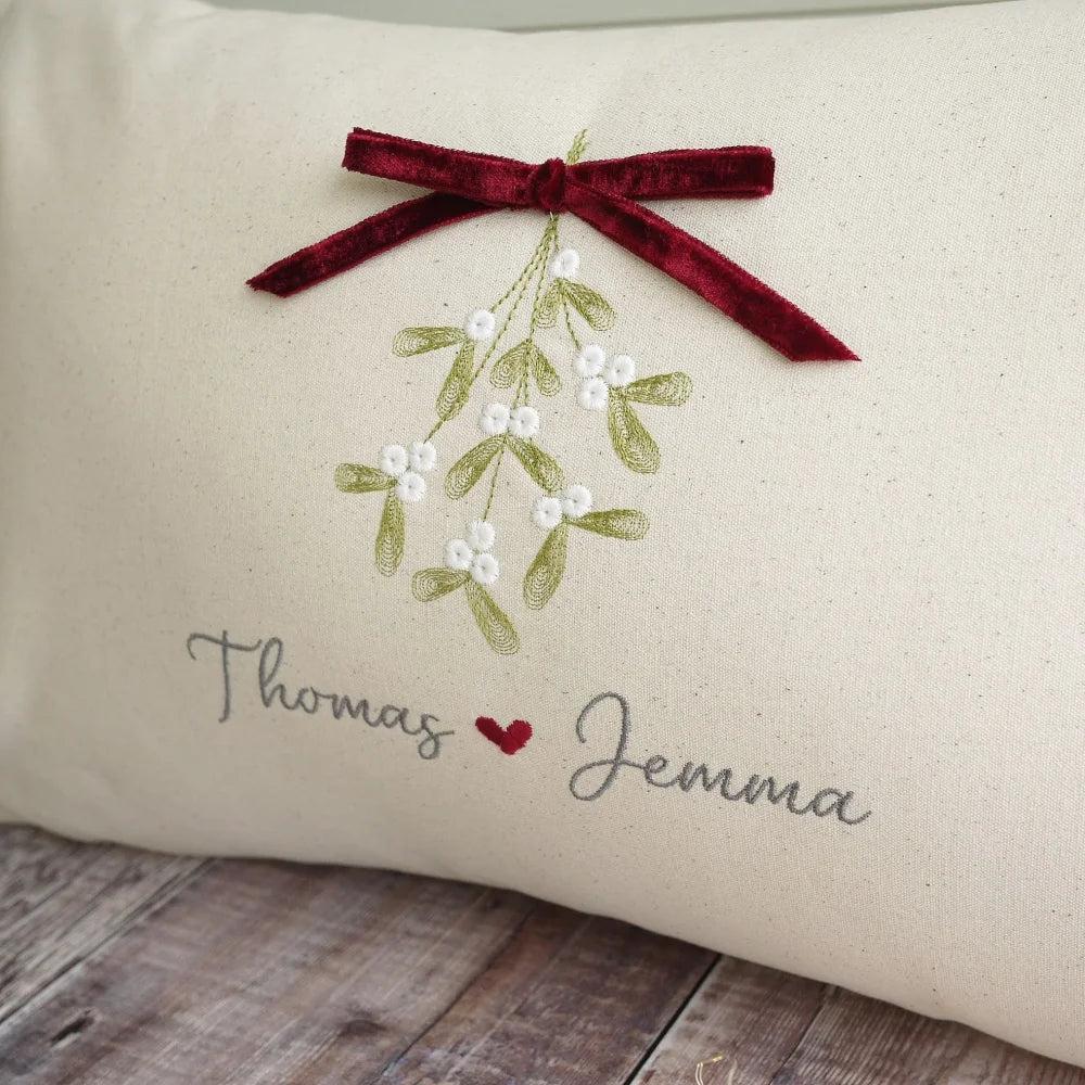 Personalised Embroidered Christmas Cushion in Cream Cotton for Couples