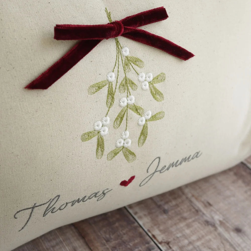 Personalised Embroidered Christmas Cushion in Cream Cotton for Couples