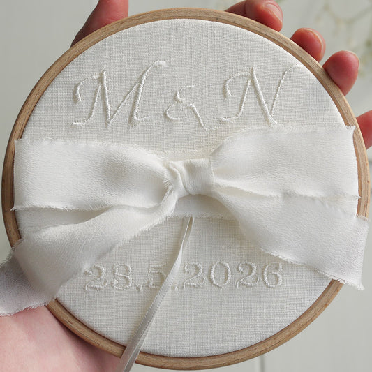 Personalised Embroidered Wedding Ring holder | Coloured Frayed Edge Ribbon