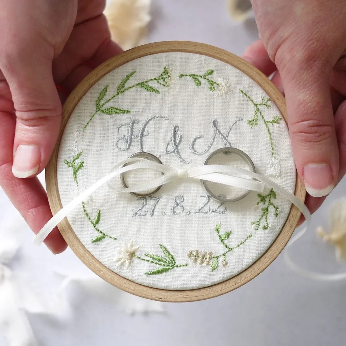 Personalised Embroidered Wedding Ring Holder with cream and neutral Wildflower Design
