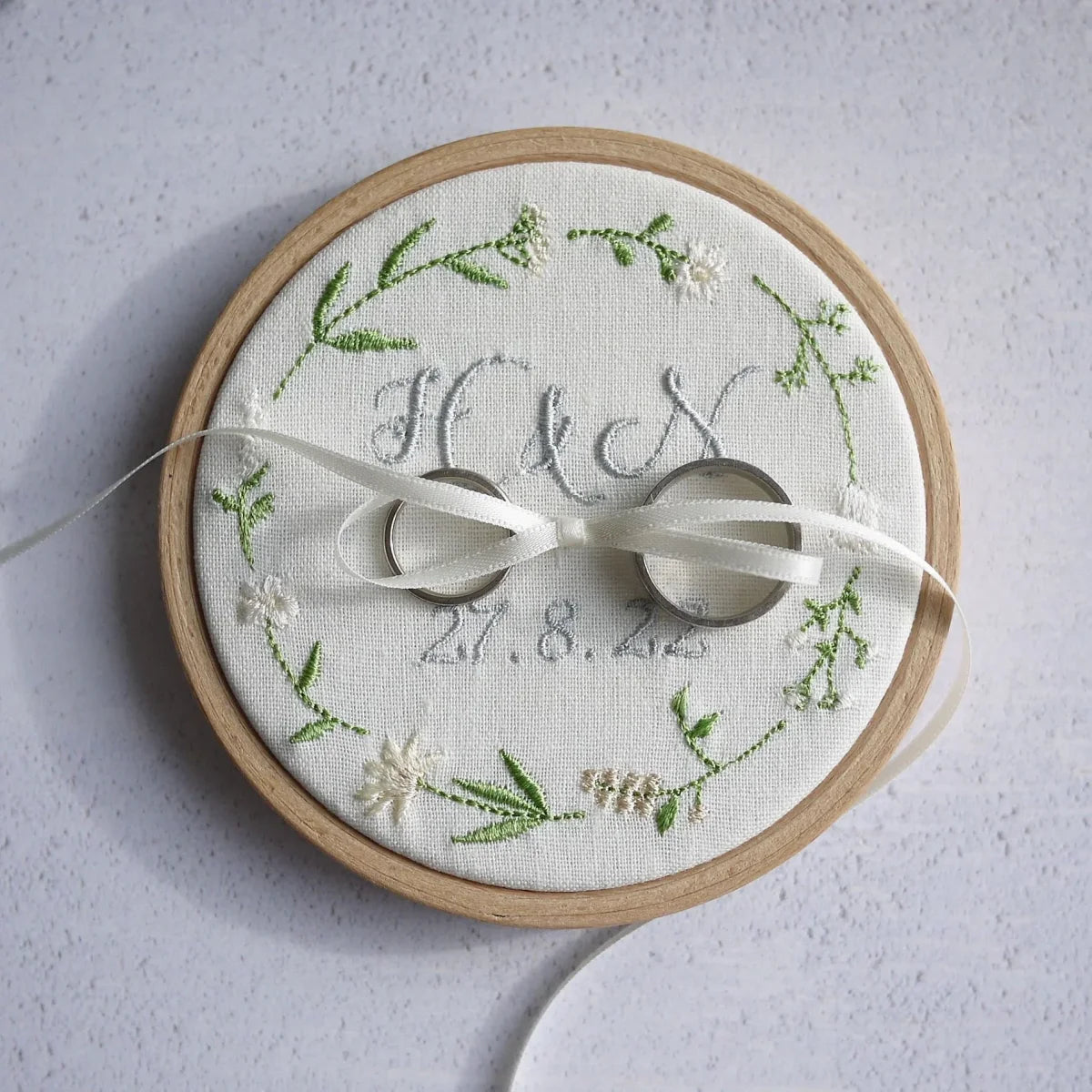 Personalised Embroidered Wedding Ring Holder with cream and neutral Wildflower Design