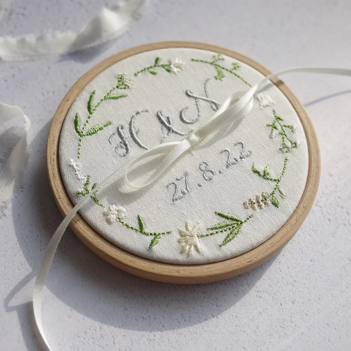 Personalised Embroidered Wedding Ring Holder with cream and neutral Wildflower Design