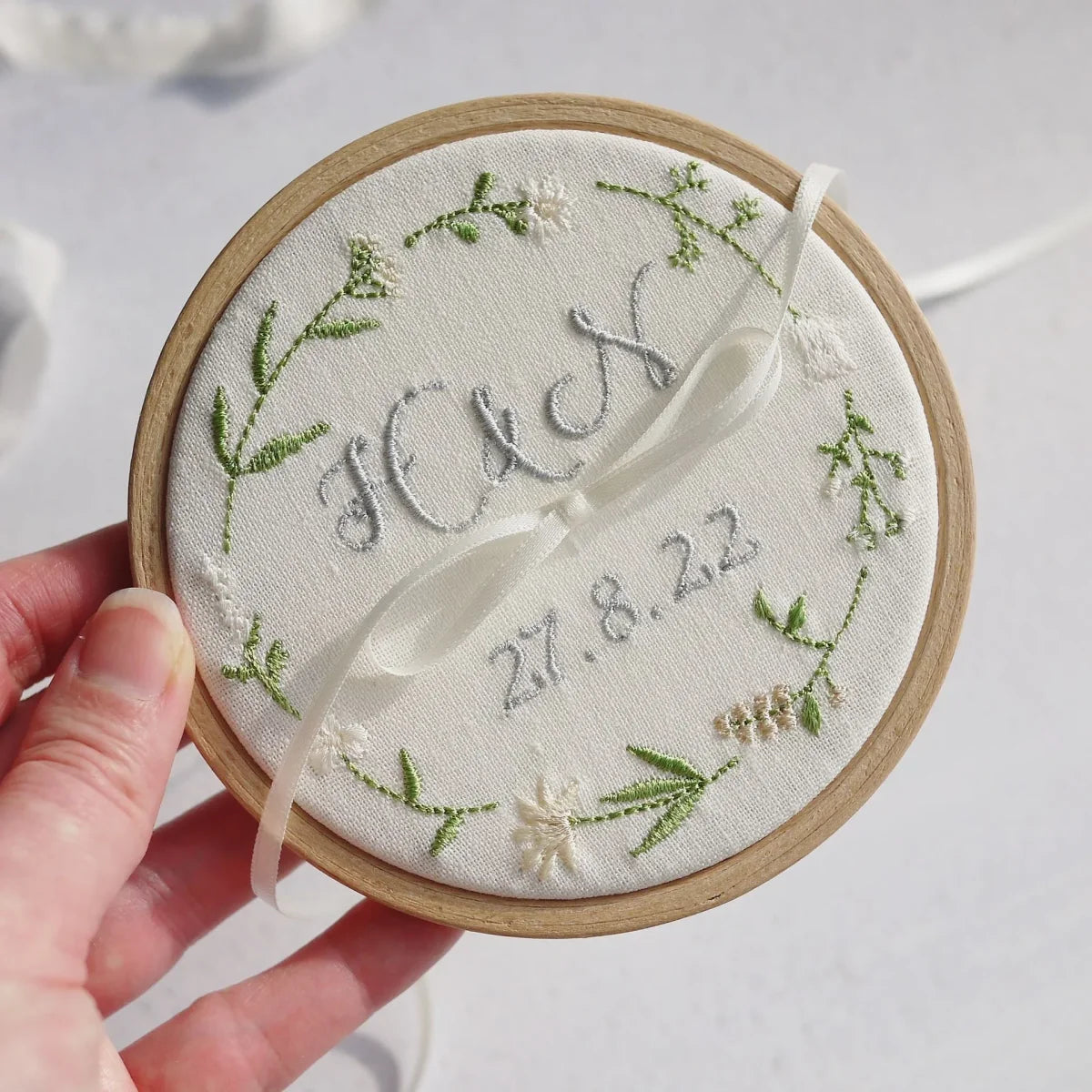 Personalised Embroidered Wedding Ring Holder with cream and neutral Wildflower Design