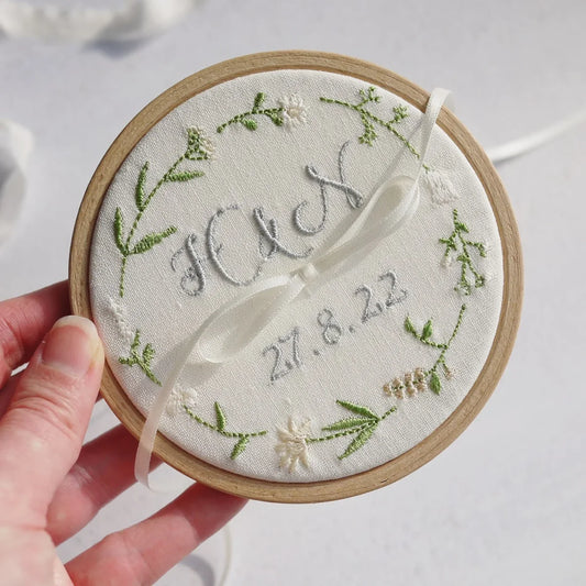 Personalised Wedding Ring Holder with cream and neutral Wildflower Design