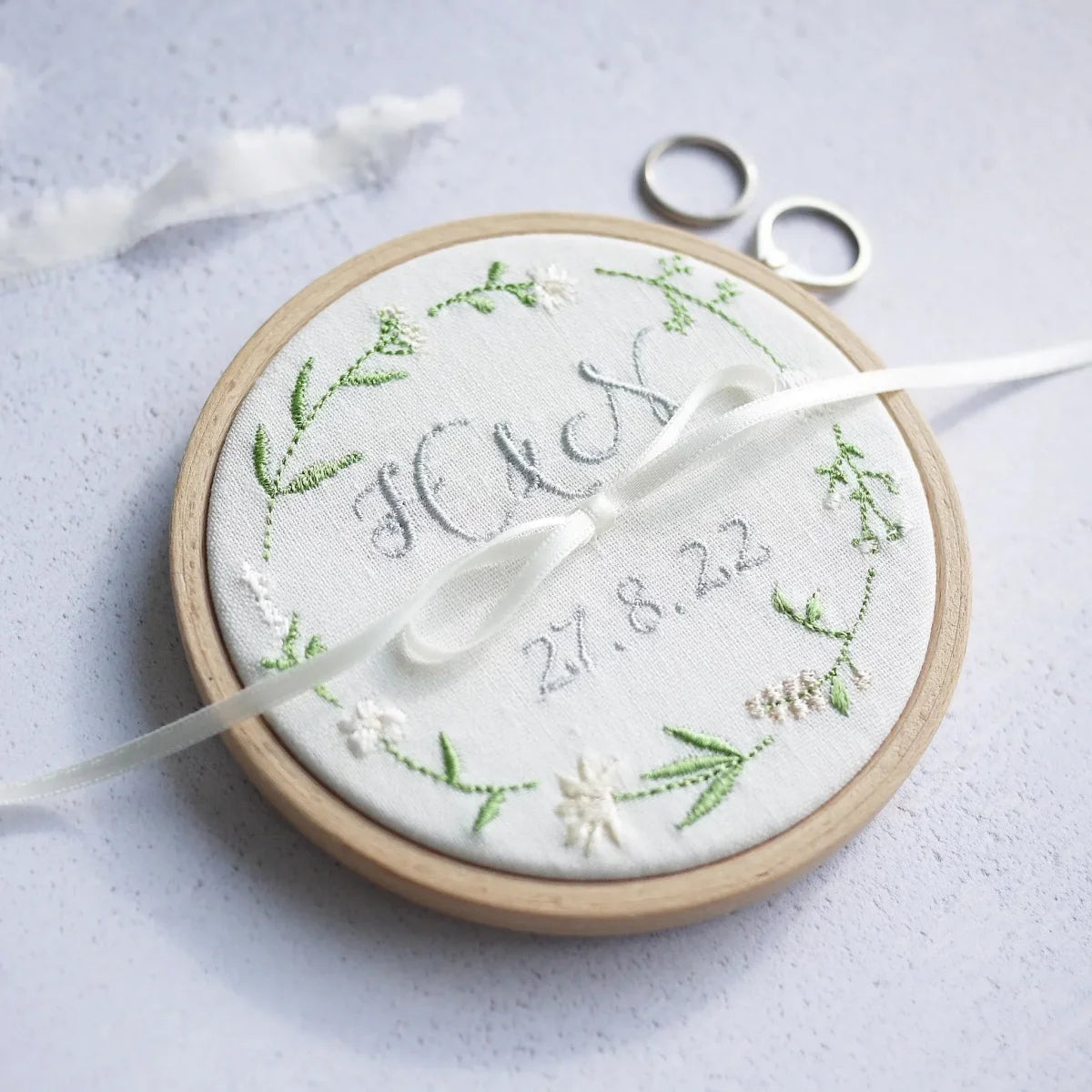Personalised Embroidered Wedding Ring Holder with cream and neutral Wildflower Design
