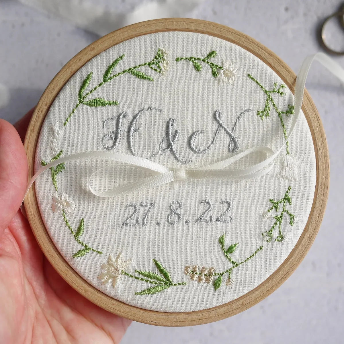 Personalised Embroidered Wedding Ring Holder with cream and neutral Wildflower Design