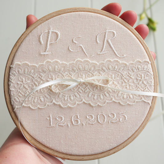 Personalised Lace Wedding Ring Holder | Blush Pink Embroidered Lace Ring Pillow Alternative