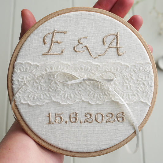 Personalised Lace Wedding Ring Holder | Embroidered Lace Ring Pillow Alternative
