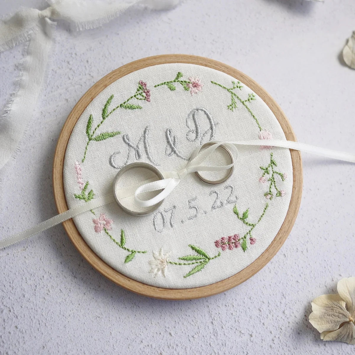 Personalised Wedding Ring Holder Embroidered Pink Wildflowers