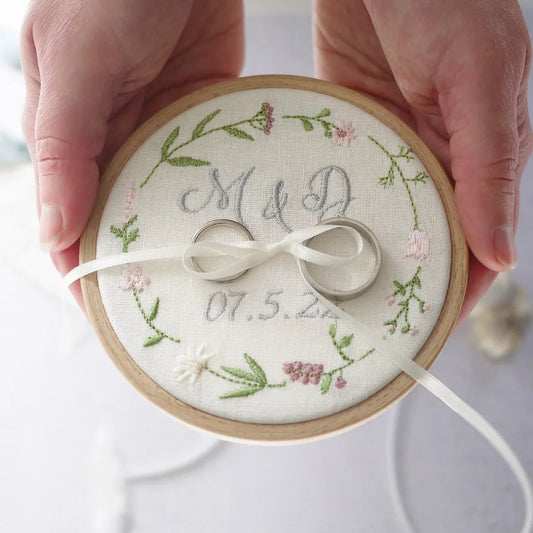 Personalised Wedding Ring Holder Embroidered Pink Wildflowers