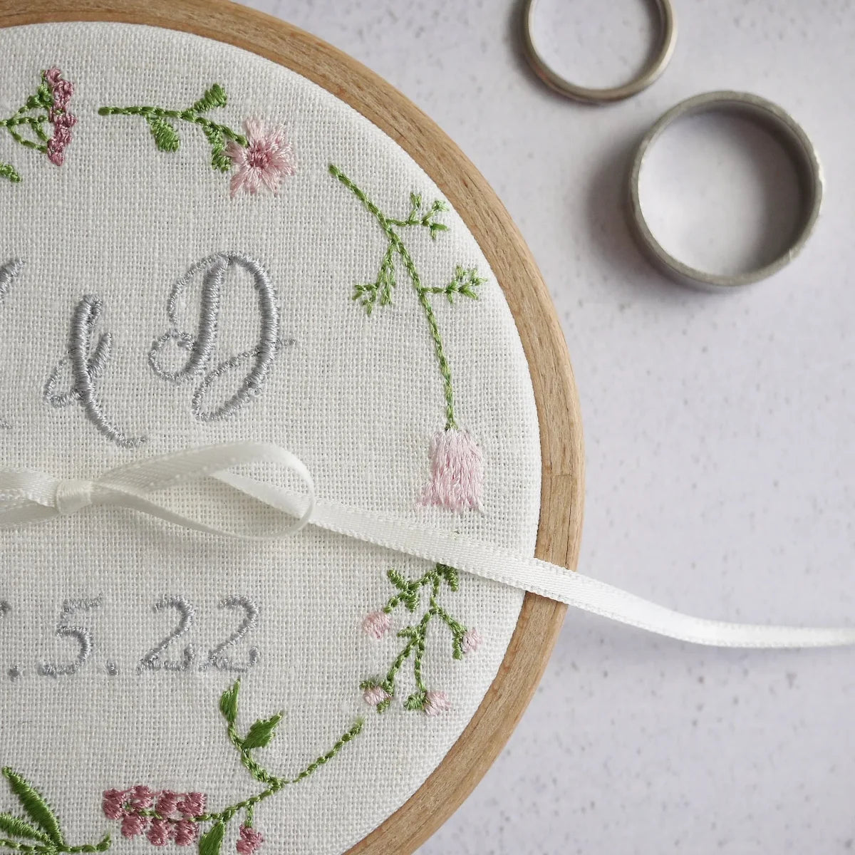 Personalised Wedding Ring Holder Embroidered Pink Wildflowers