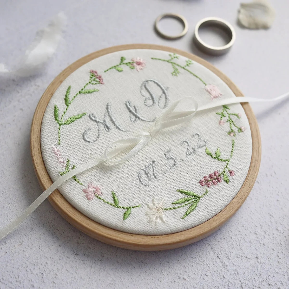 Personalised Wedding Ring Holder Embroidered Pink Wildflowers