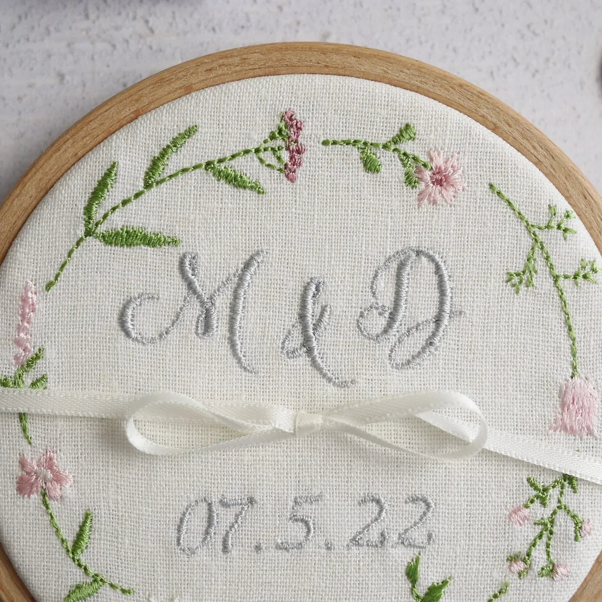Personalised Wedding Ring Holder Embroidered Pink Wildflowers