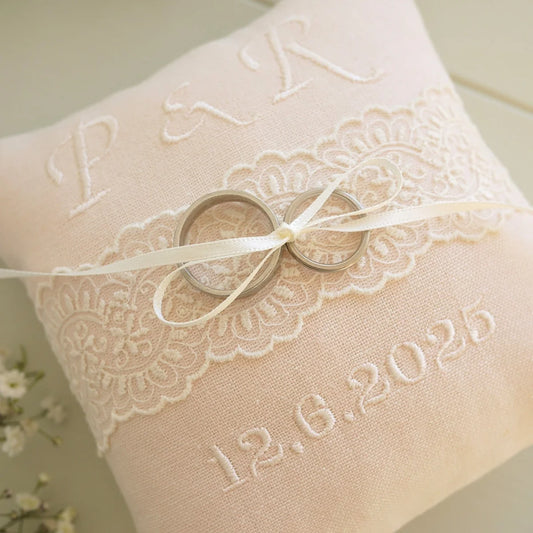 Personalised Wedding Ring Pillow in Pale Pink with Cream Lace and Embroidered Text