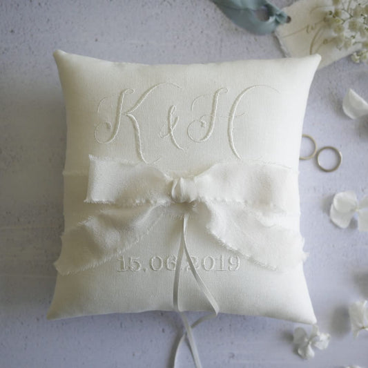 Personalised Wedding Ring Pillow With Silk Ribbon And Bow
