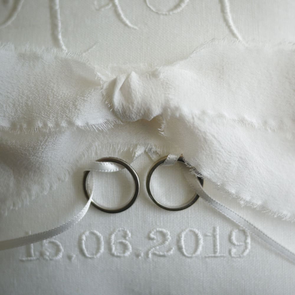 Personalised Wedding Ring Pillow With Silk Ribbon And Bow