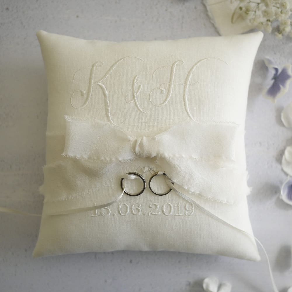 Personalised Wedding Ring Pillow With Silk Ribbon And Bow