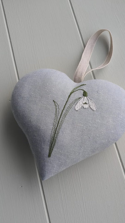 Embroidered January Birth Flower Snowdrop Gift heart - peachy pink