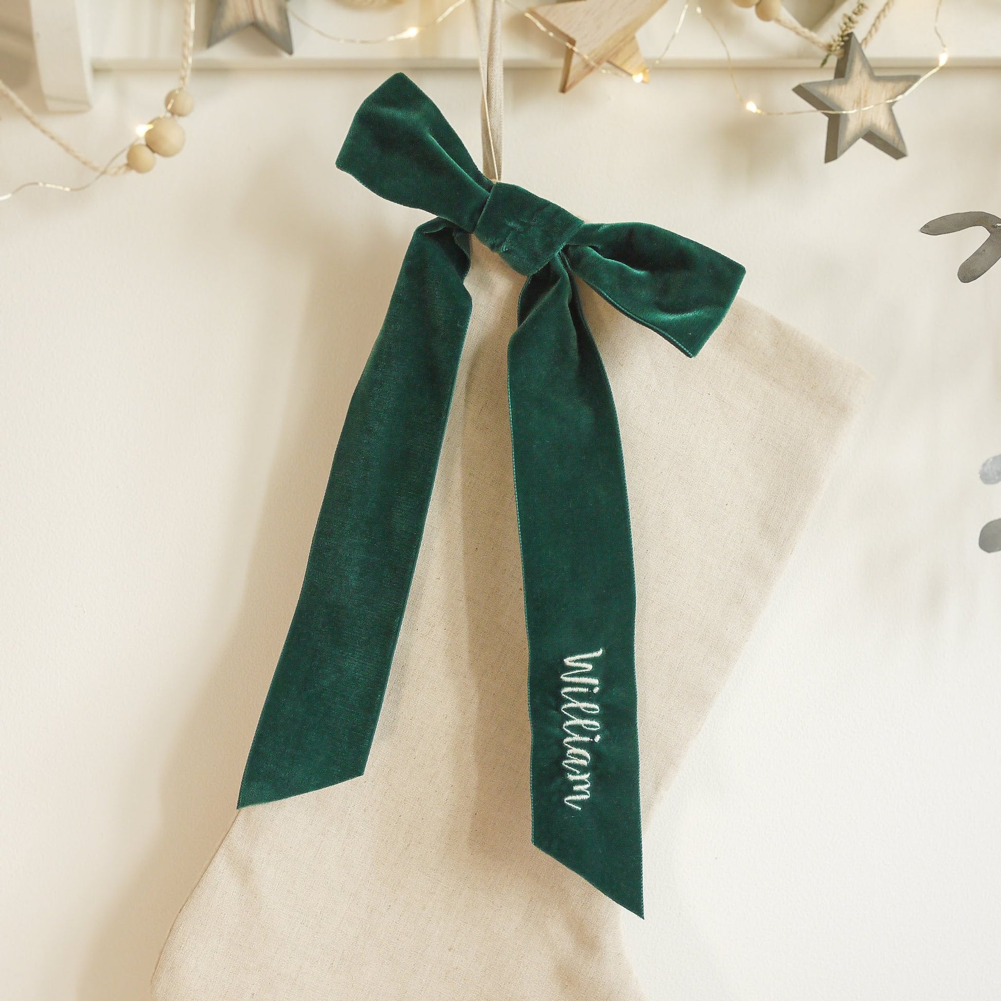 Velvet Ribbon Christmas Stocking - embroidered with name