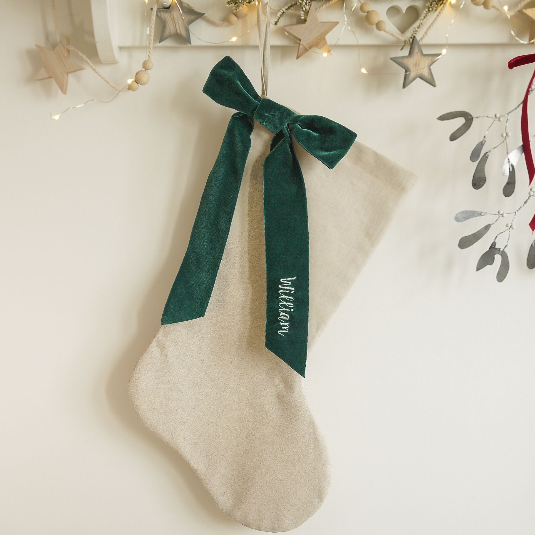 Velvet Ribbon Christmas Stocking - embroidered with name