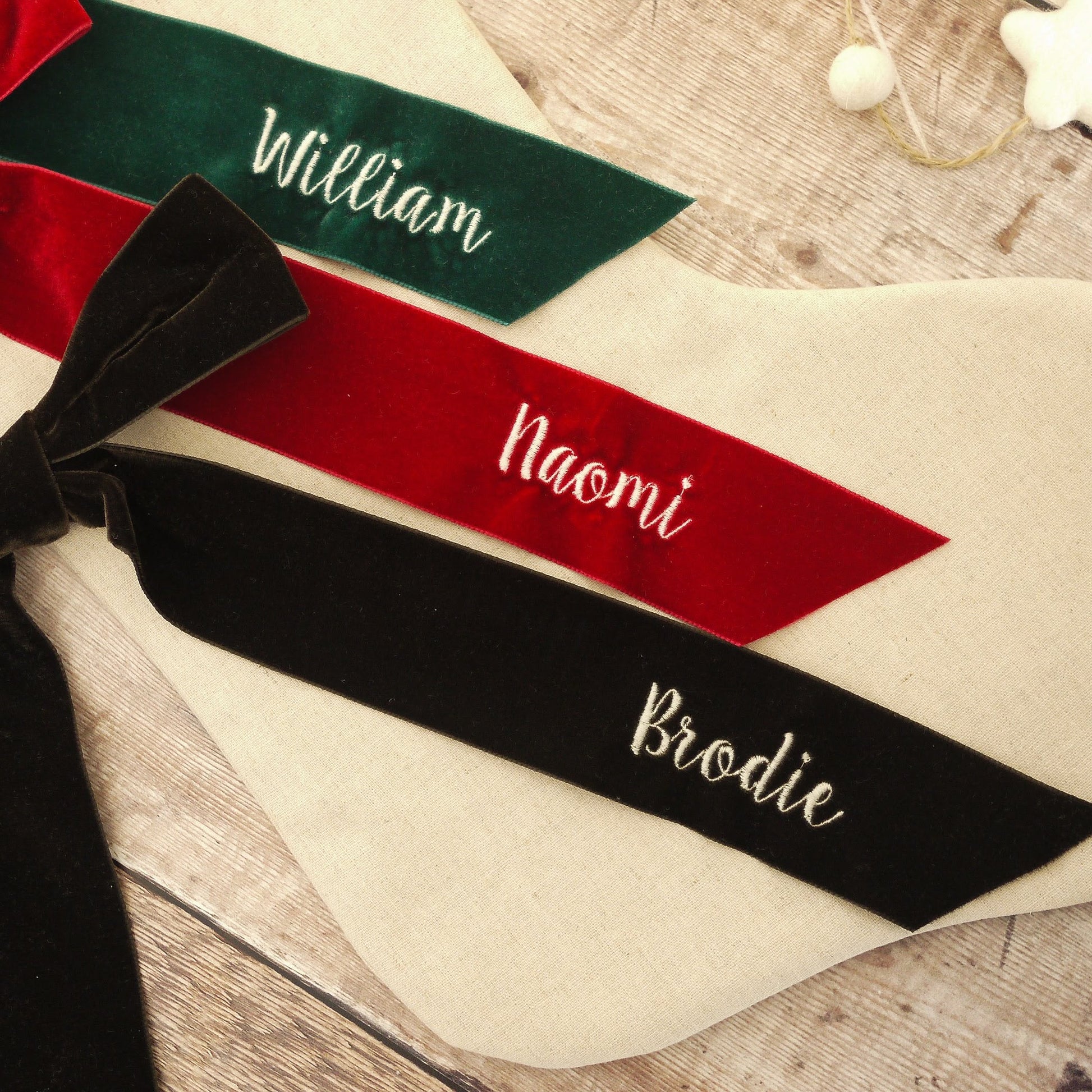 Velvet Ribbon Christmas Stocking - embroidered with name