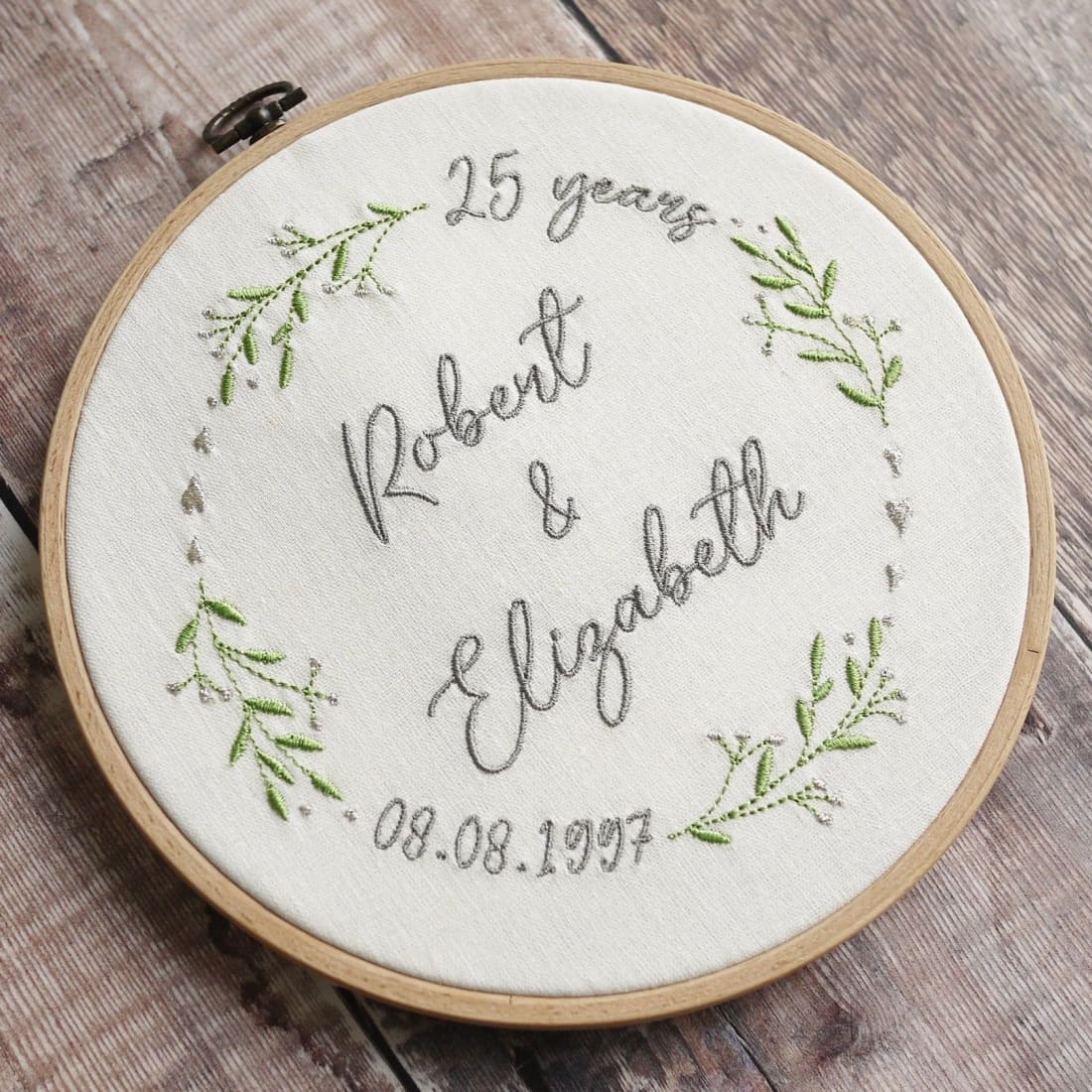 Personalised Silver 25th Wedding Anniversary Embroidered Hoop Gift