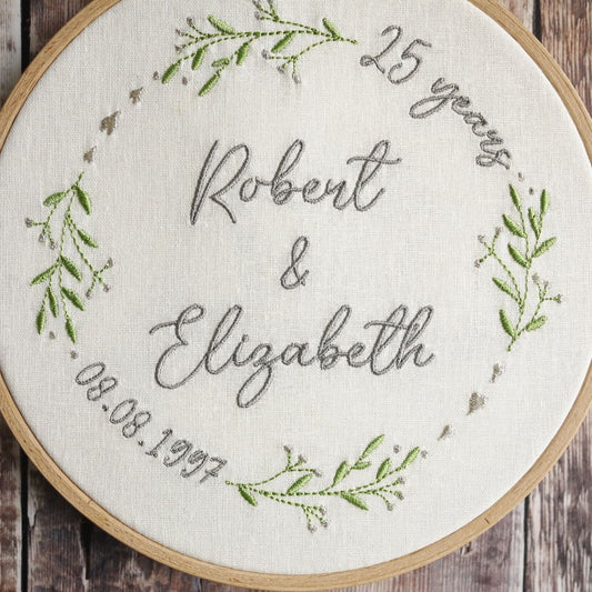 Personalised Silver 25th Wedding Anniversary Embroidered Hoop Gift