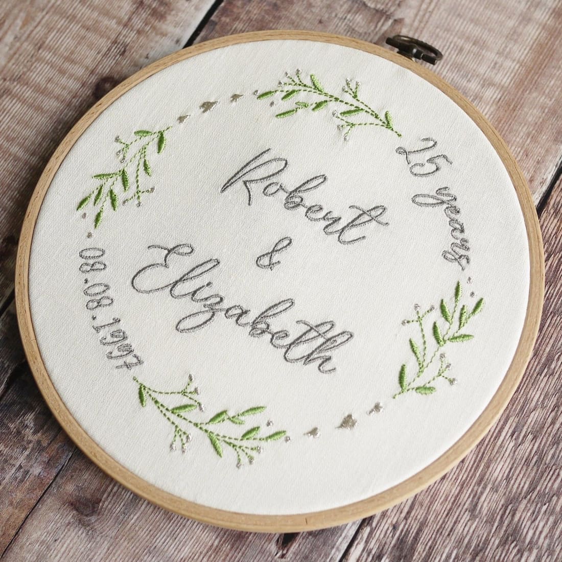 Personalised Silver 25th Wedding Anniversary Embroidered Hoop Gift