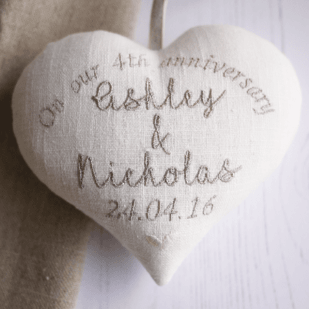 4th Linen Anniversary Personalised Embroidered Heart and Bowl set