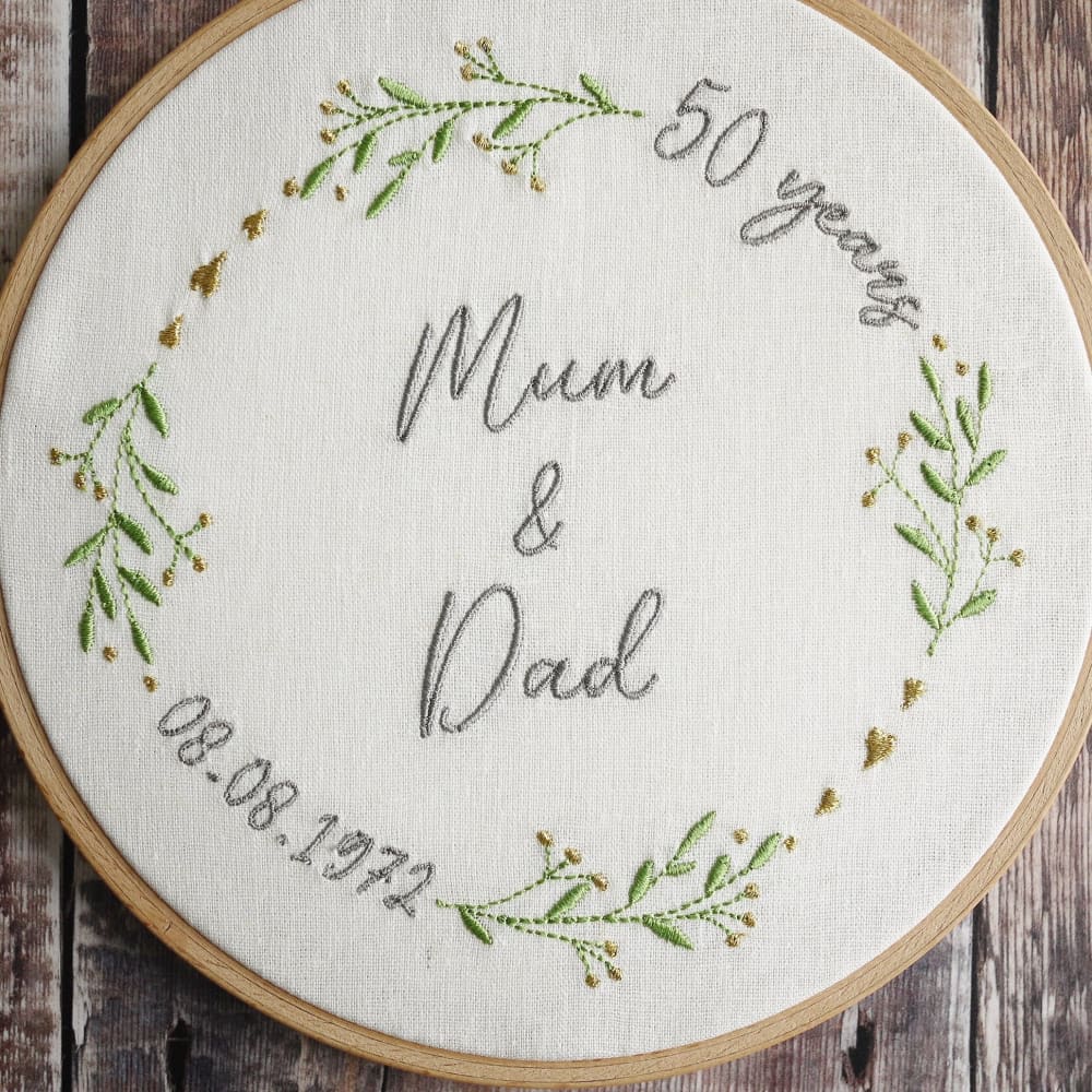 50th Golden Wedding Anniversary Embroidered Hoop