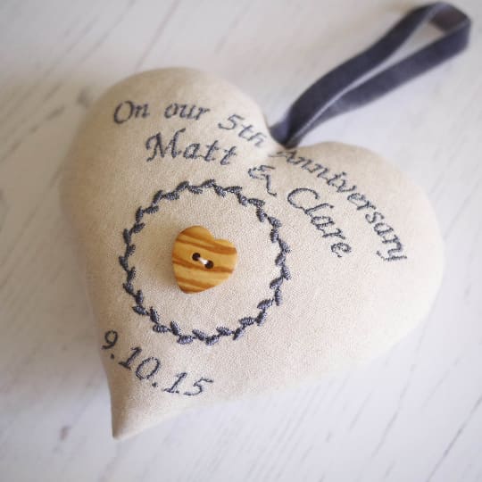 5th Wood Anniversary Embroidered Heart Gift