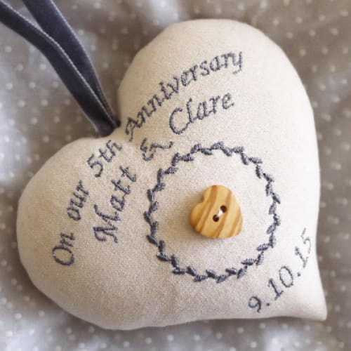 5th Wood Anniversary Embroidered Heart Gift