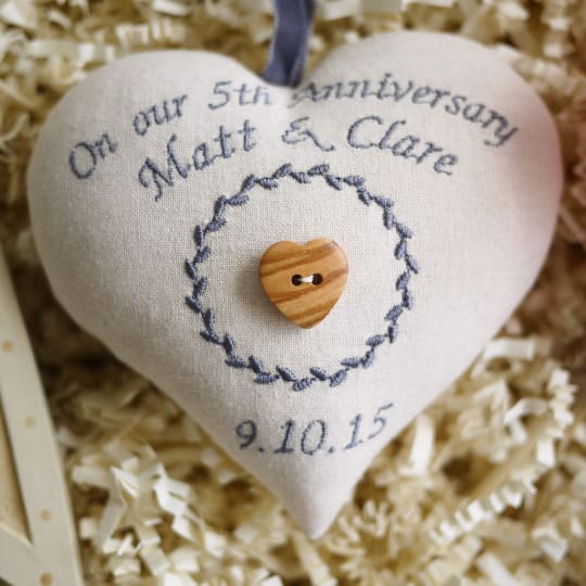 5th Wood Anniversary Embroidered Heart Gift