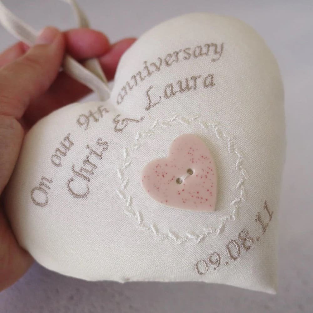9th Pottery Anniversary Embroidered Heart Gift Set