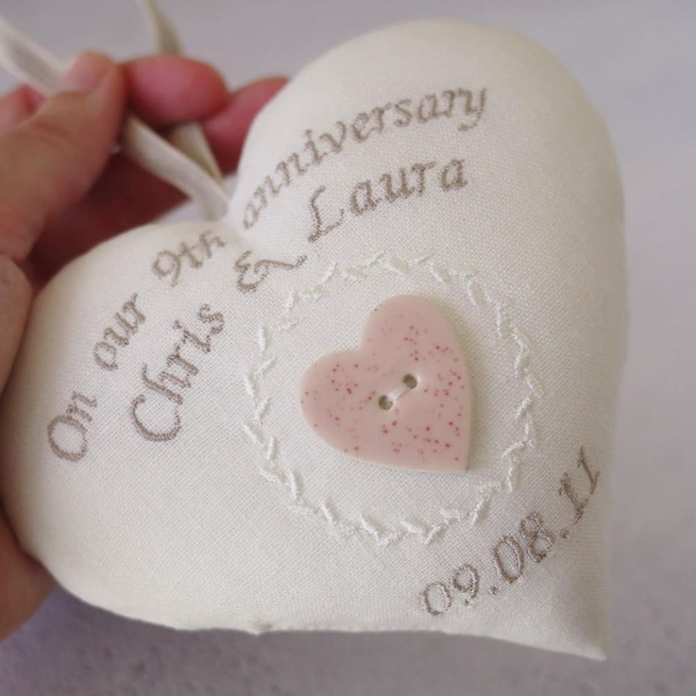 9th Pottery Anniversary Embroidered Heart with Porcelain Coaster