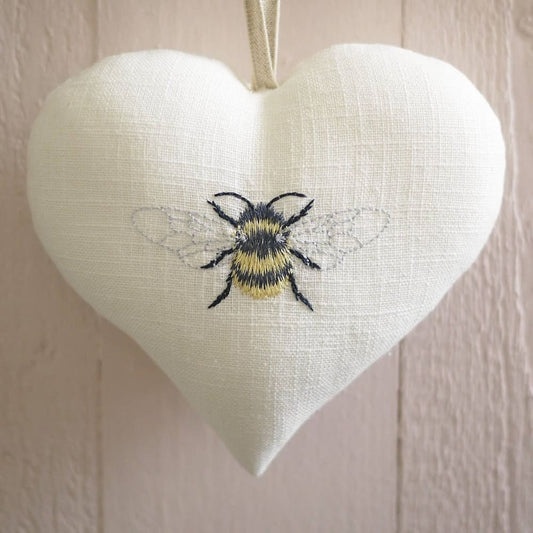 Embroidered Bee Linen Heart Decoration
