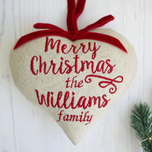 Family Christmas Tree Embroidered Heart Decoration