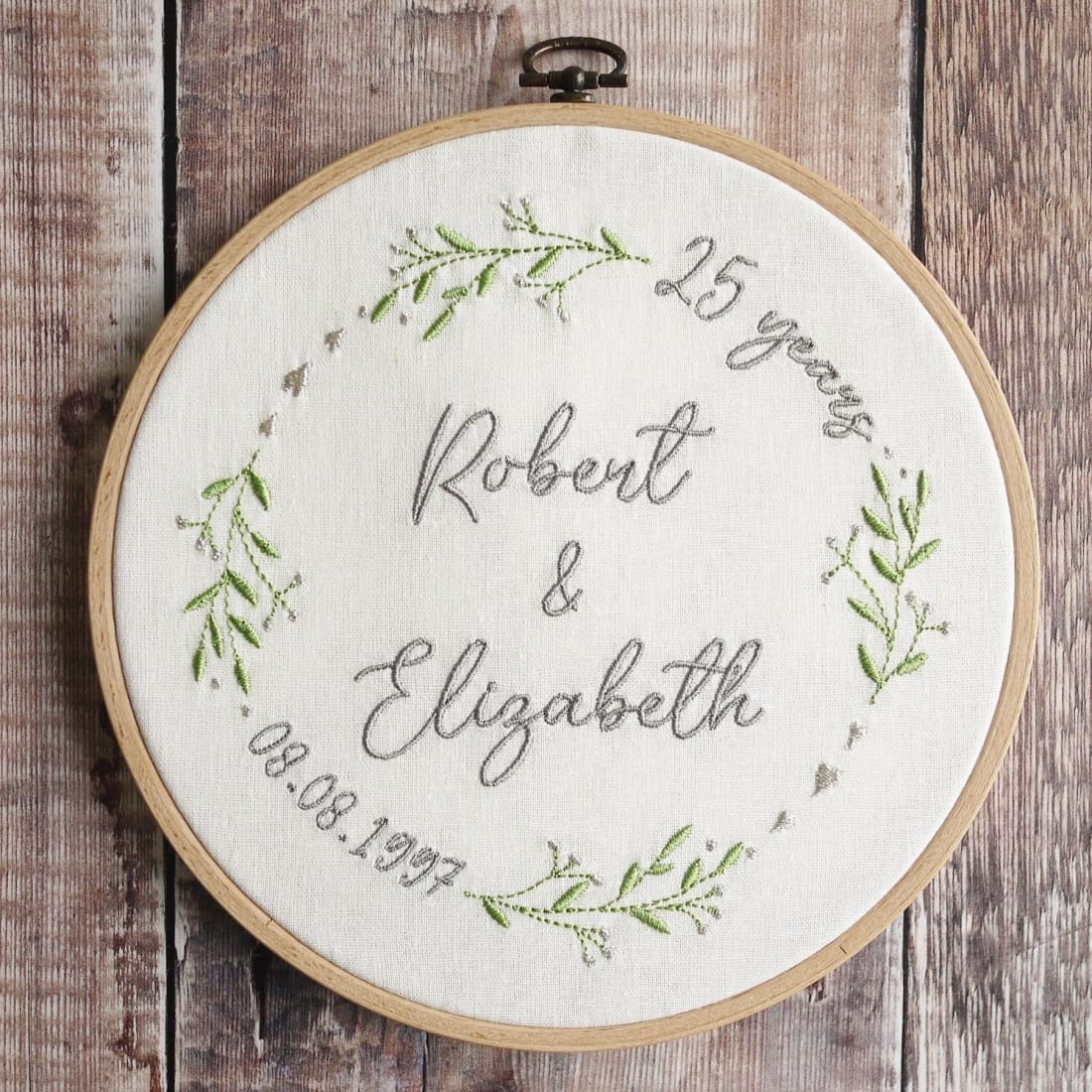 Personalised Silver 25th Wedding Anniversary Embroidered Hoop Gift