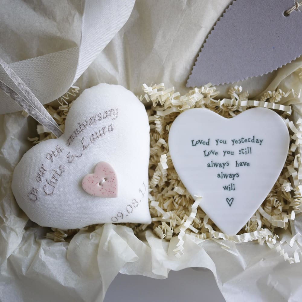 9th Pottery Anniversary Embroidered Heart with Porcelain Coaster