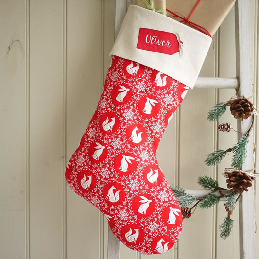 Personalised Christmas Stocking In Festive Red with Fox and Hare Design Personalised Christmas stockings and decorations