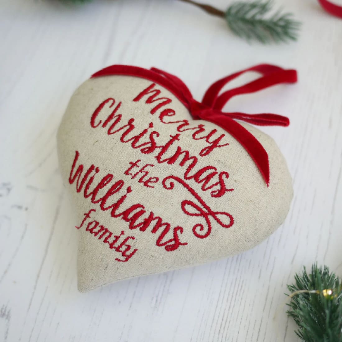 Family Christmas Tree Embroidered Heart Decoration